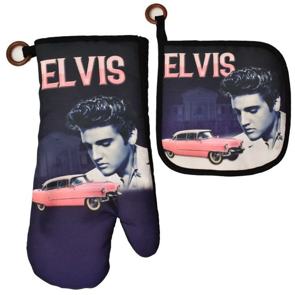New Blue Oven Mitt & Potholder Set Elvis Presley Kitchen Linen Pink Cadillac NIP